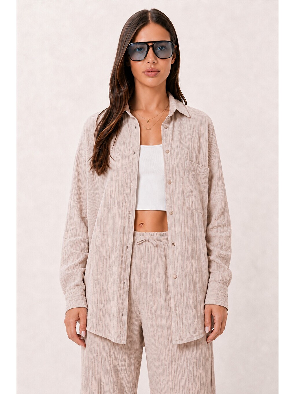 Bej Oversize Müslin Gömlek Pantolon Takım Taş Lsa0014-2