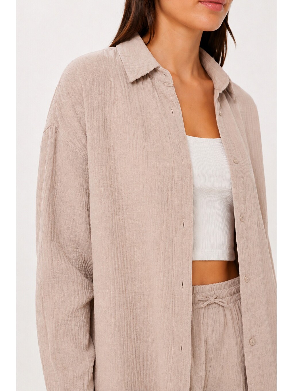 Bej Oversize Müslin Gömlek Pantolon Takım Taş Lsa0014-3