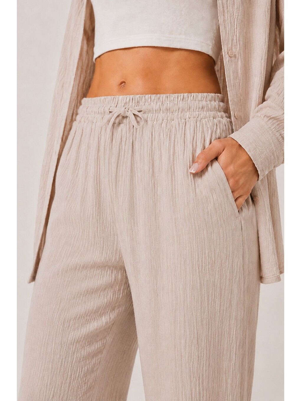 Bej Oversize Müslin Gömlek Pantolon Takım Taş Lsa0014-4