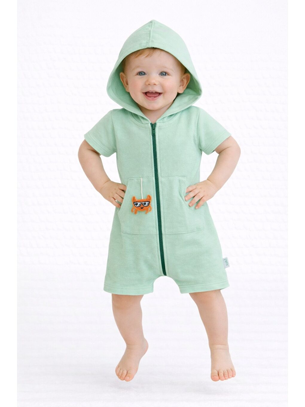 Turkuaz Unisex Bebek Yazlık Kapüşonlu Tulum Pamuklu Fermuarlı Tulum-4