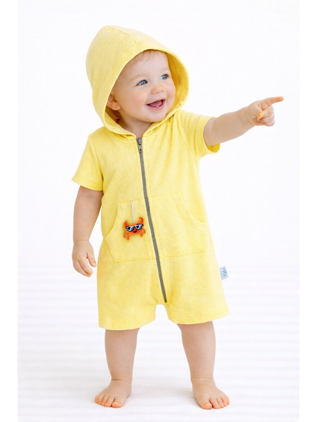 Sarı Unisex Bebek Yazlık Kapüşonlu Tulum Pamuklu Fermuarlı Tulum-1