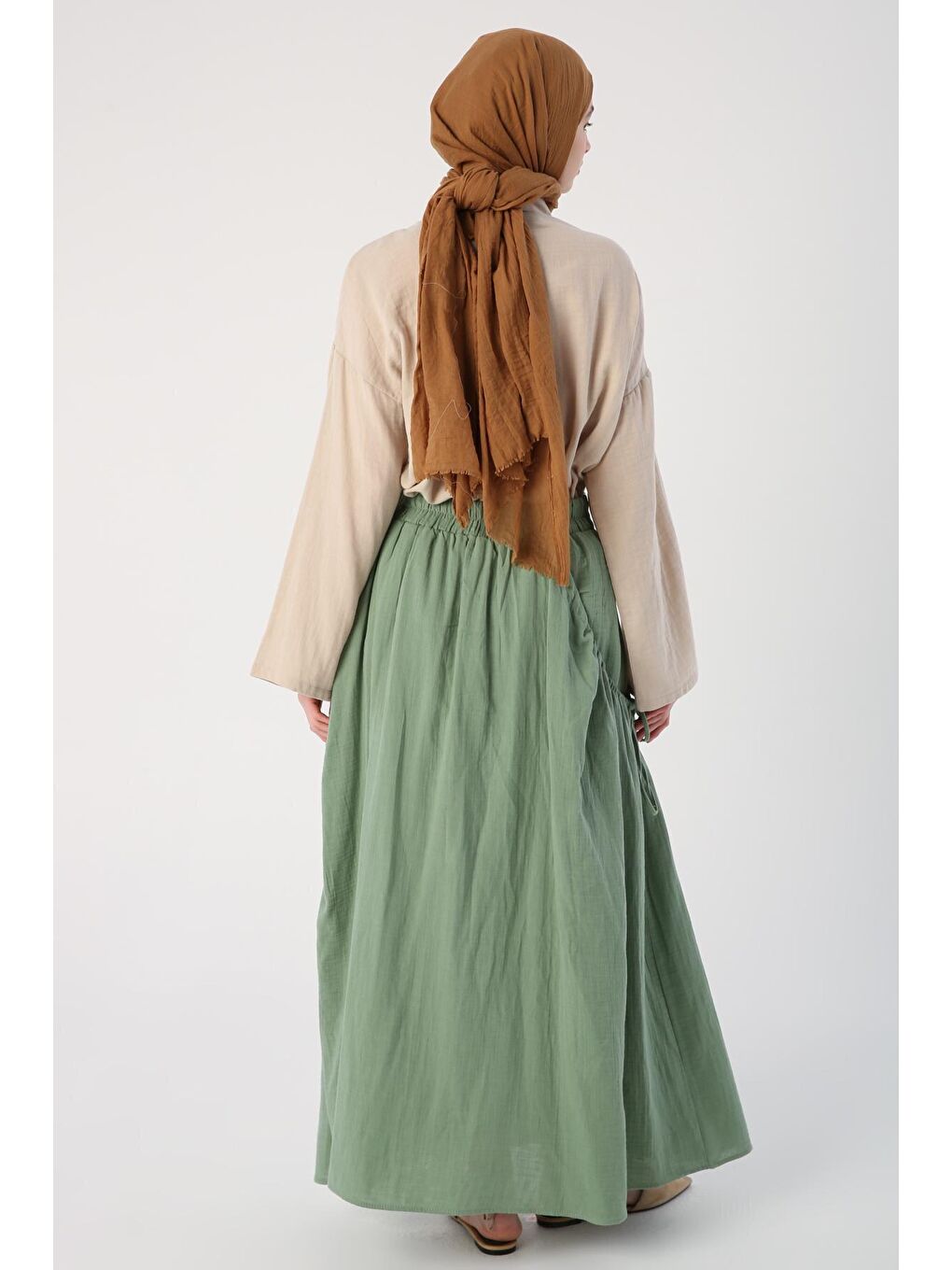 Yeşil %100 Pamuk Yanları Büzgü Detaylı Kloş Etek-3