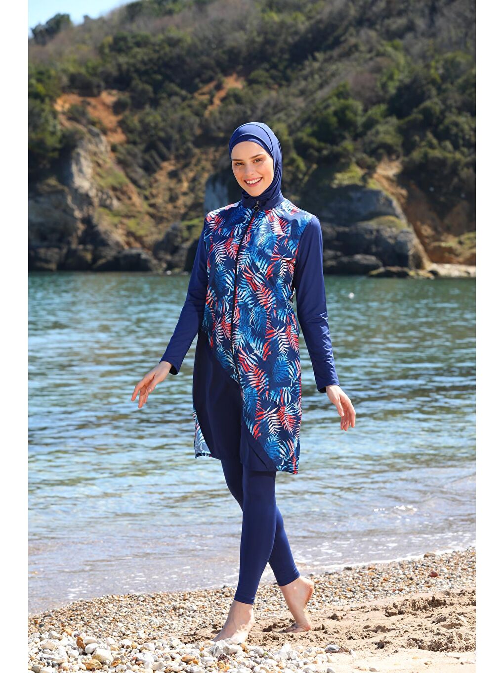 Lacivert Garnili Jile Model Taytlı Tam Kapalı Tesettür Mayo 3444