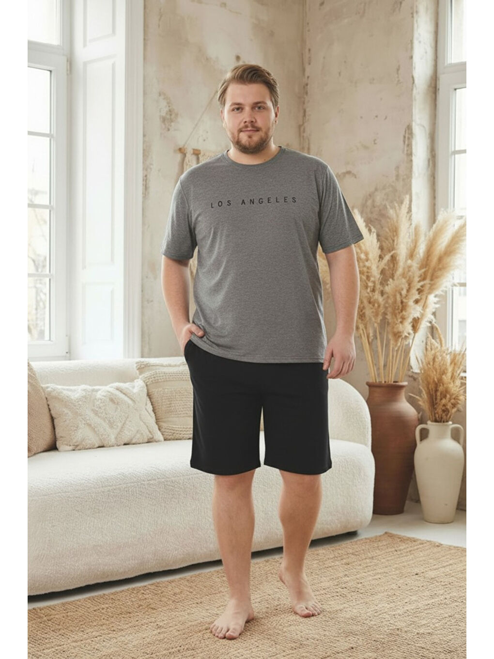 Antrasit %100 Pamuklu Kısa Kollu Cepli Büyük Beden Erkek Şortlu Pijama Takımı 2014