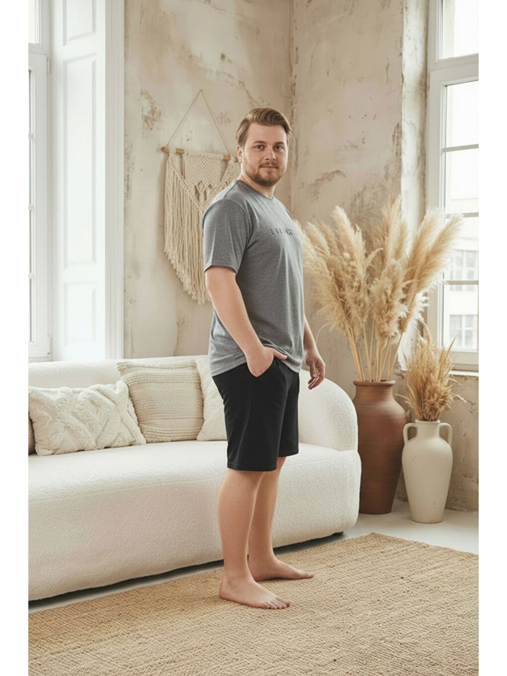 Antrasit %100 Pamuklu Kısa Kollu Cepli Büyük Beden Erkek Şortlu Pijama Takımı 2014-1