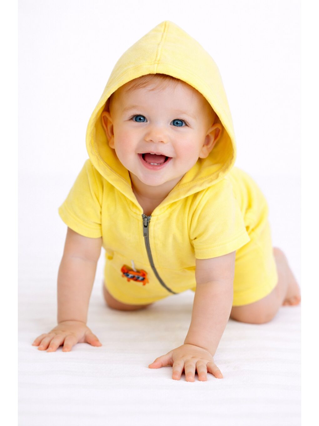 Sarı Unisex Bebek Yazlık Kapüşonlu Tulum Pamuklu Fermuarlı Tulum-2