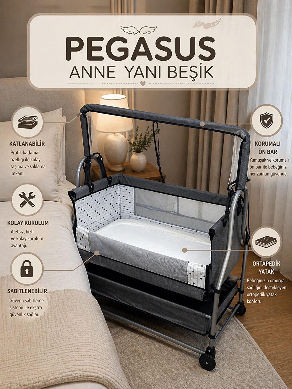 Pegasus Anne Yanı Katlanır Bebek Beşiği 50x90 Cm - Gri-10