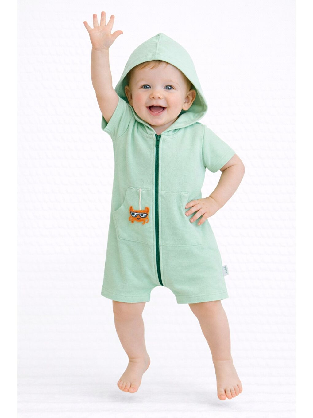 Turkuaz Unisex Bebek Yazlık Kapüşonlu Tulum Pamuklu Fermuarlı Tulum-5