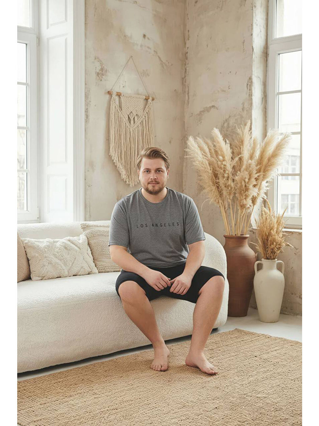 Antrasit %100 Pamuklu Kısa Kollu Cepli Büyük Beden Erkek Şortlu Pijama Takımı 2014-3