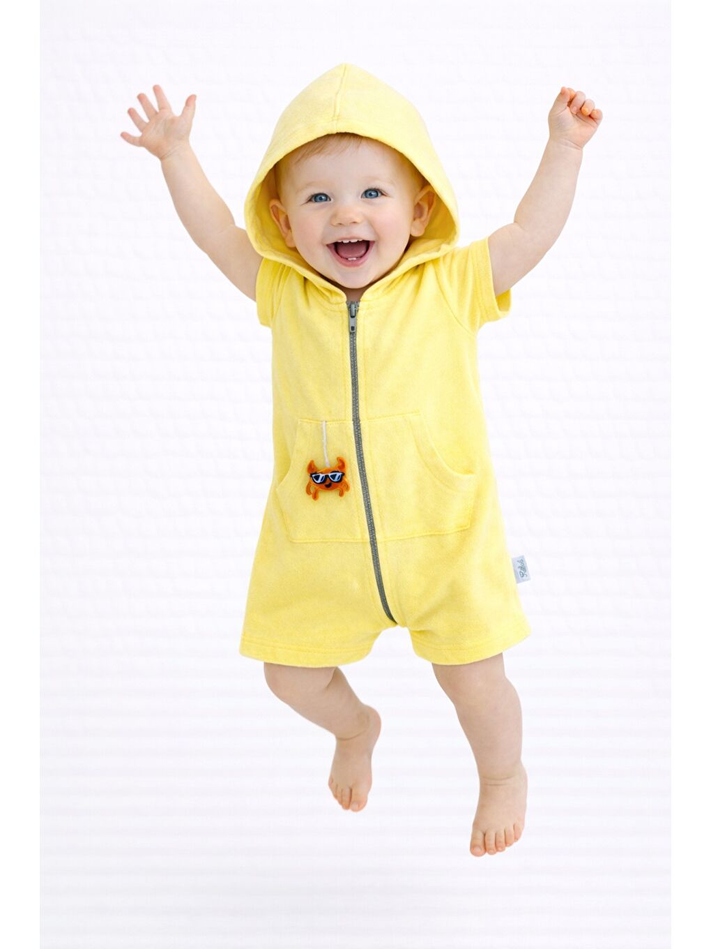 Sarı Unisex Bebek Yazlık Kapüşonlu Tulum Pamuklu Fermuarlı Tulum-3