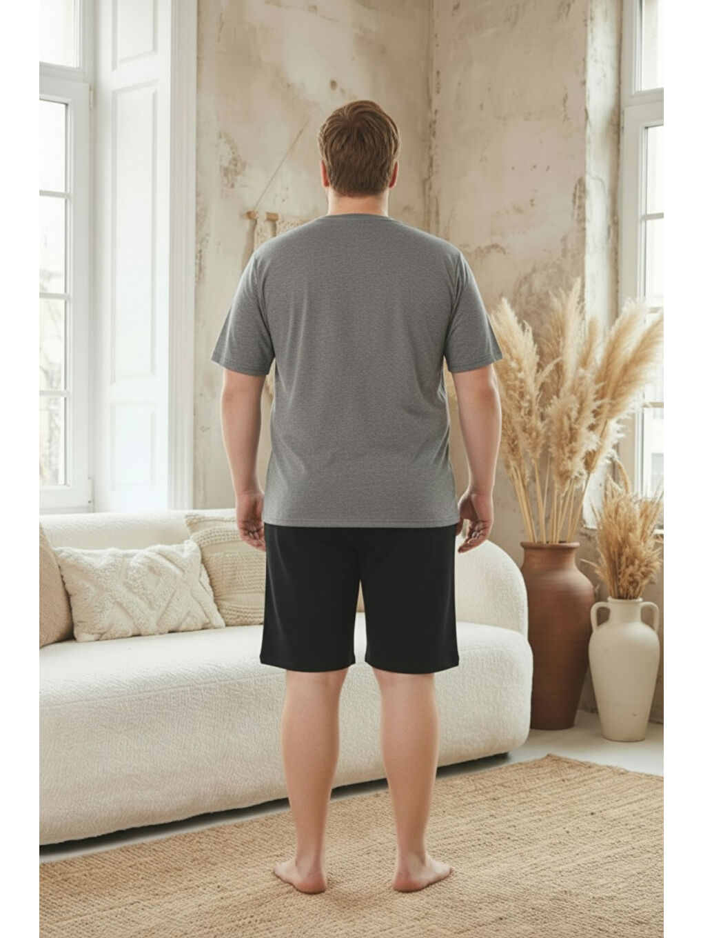 Antrasit %100 Pamuklu Kısa Kollu Cepli Büyük Beden Erkek Şortlu Pijama Takımı 2014-4