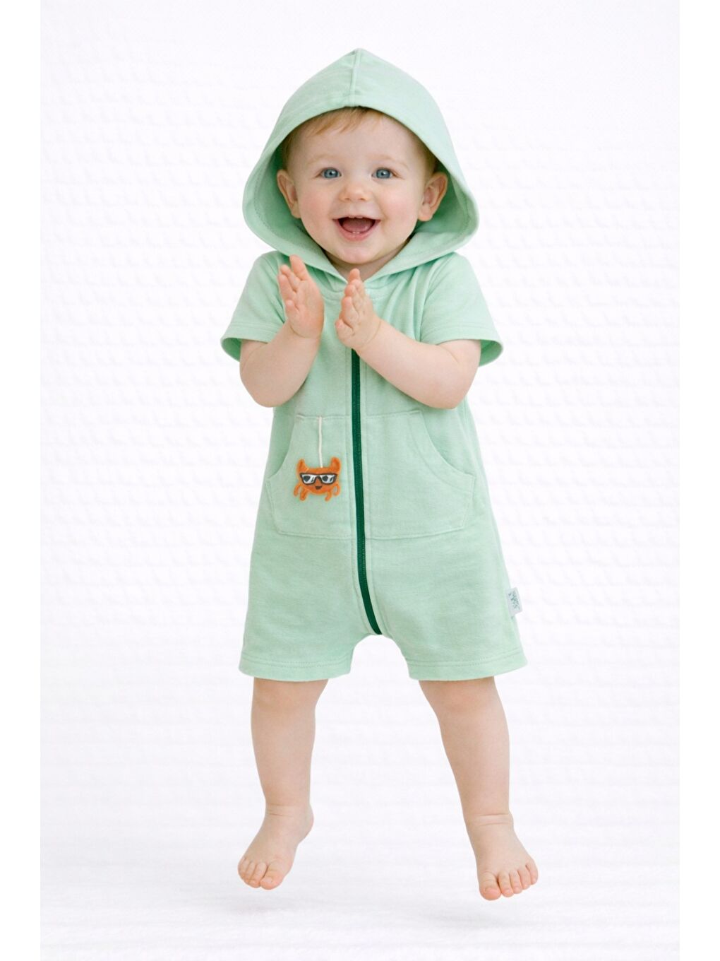 Turkuaz Unisex Bebek Yazlık Kapüşonlu Tulum Pamuklu Fermuarlı Tulum-6