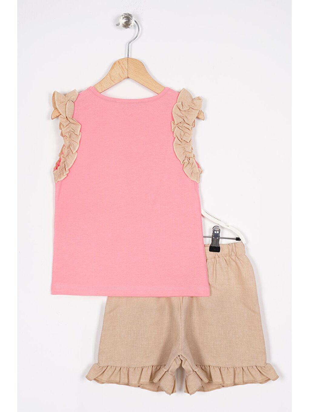 Bisiklet Yaka Sıfır Kol Fırfırlı Şortlu Açık Pembe Koyu Bej Renk Kız Çocuk İkili Takım-2