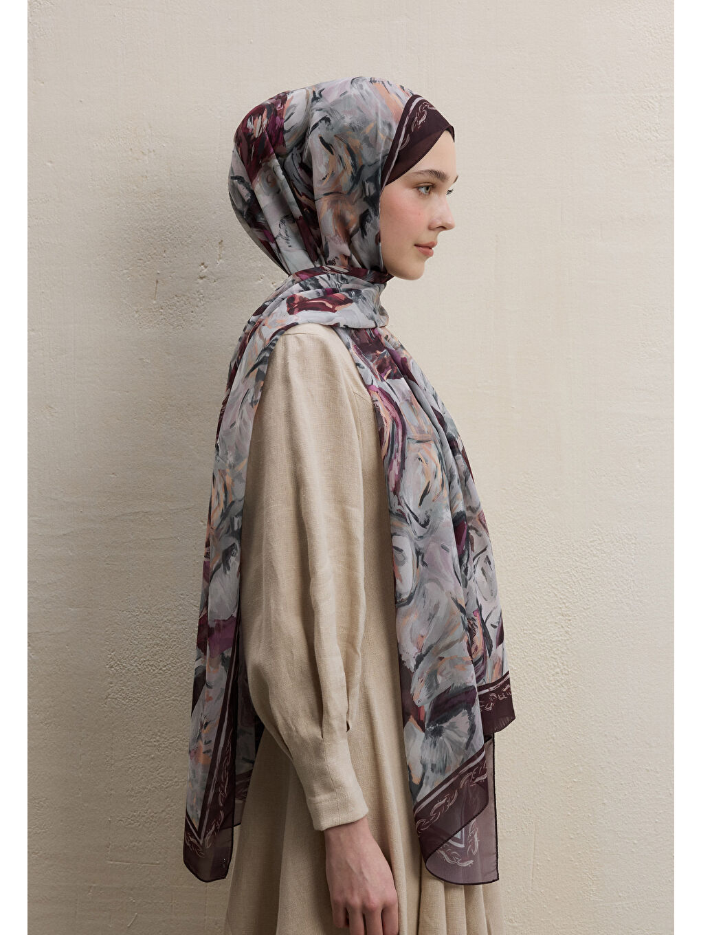 Margot Desen İpek Krep Şal Koyu Bordo-3