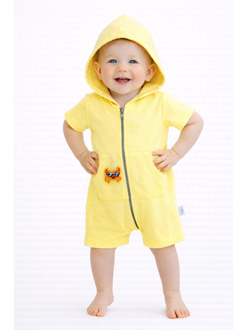 Sarı Unisex Bebek Yazlık Kapüşonlu Tulum Pamuklu Fermuarlı Tulum-4