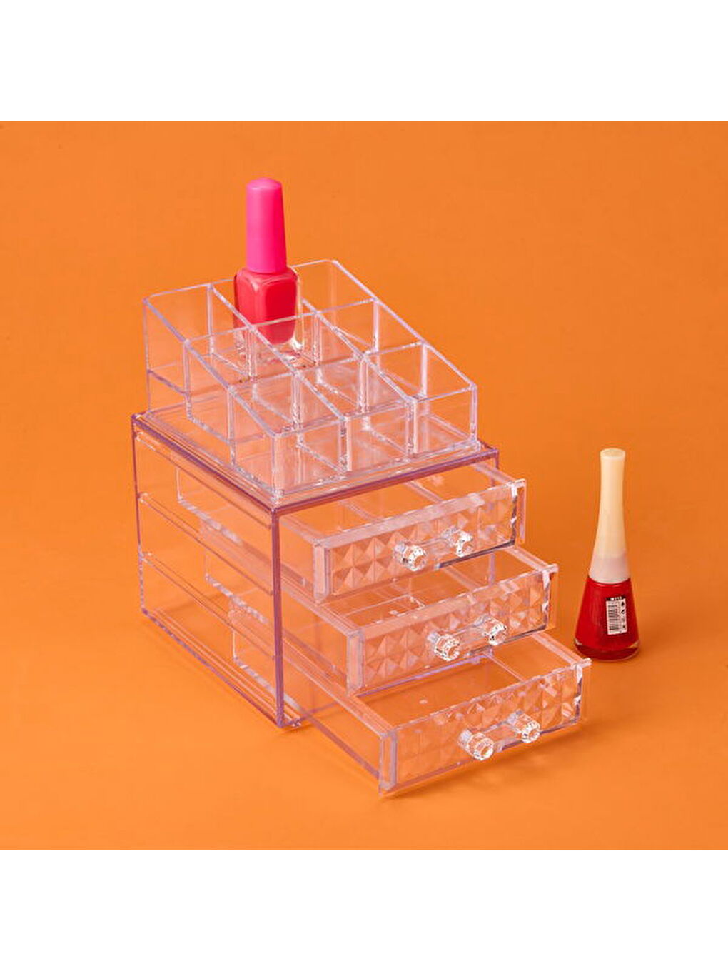Diamond 3 Çekmeceli Takı ve Makyaj Organizeri - Şeffaf - 15x13x18 cm-2