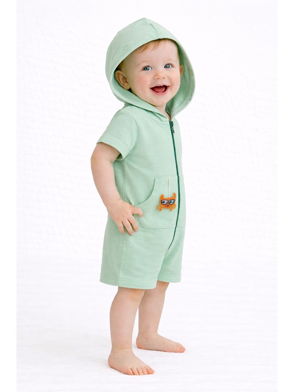 Turkuaz Unisex Bebek Yazlık Kapüşonlu Tulum Pamuklu Fermuarlı Tulum-7