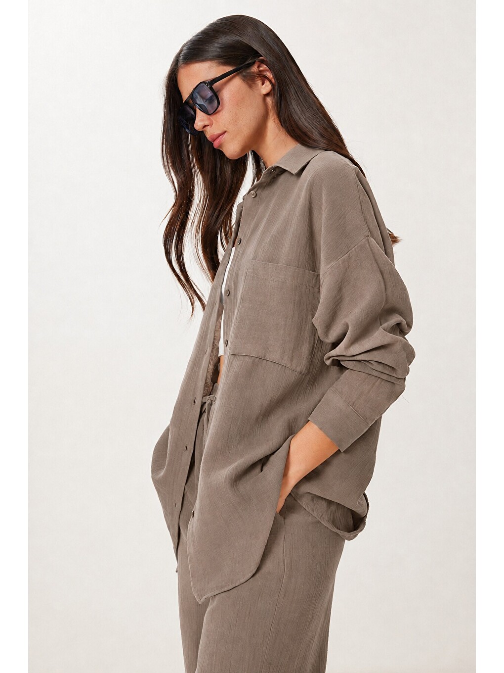 Bej Oversize Müslin Gömlek Pantolon Takım Vizon Lsa0014-1