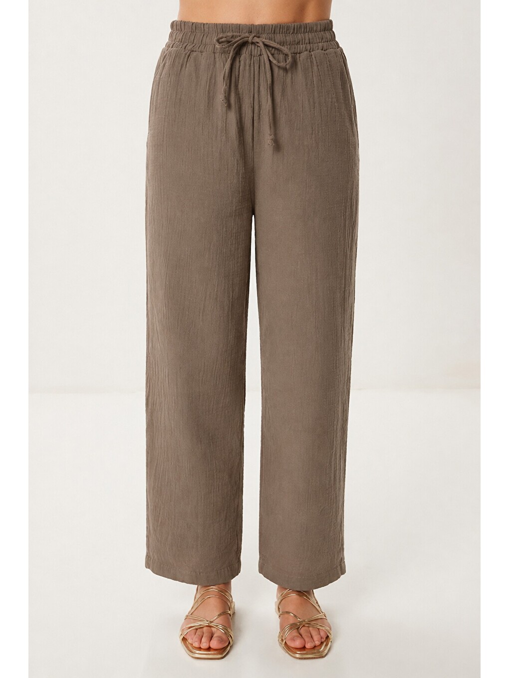 Bej Oversize Müslin Gömlek Pantolon Takım Vizon Lsa0014-2