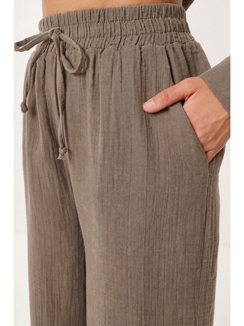 Bej Oversize Müslin Gömlek Pantolon Takım Vizon Lsa0014-3