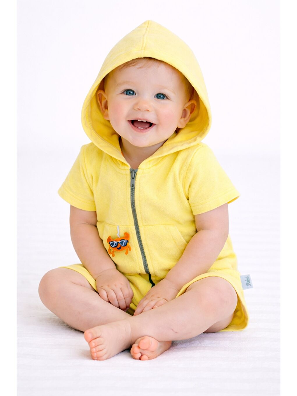 Sarı Unisex Bebek Yazlık Kapüşonlu Tulum Pamuklu Fermuarlı Tulum-5
