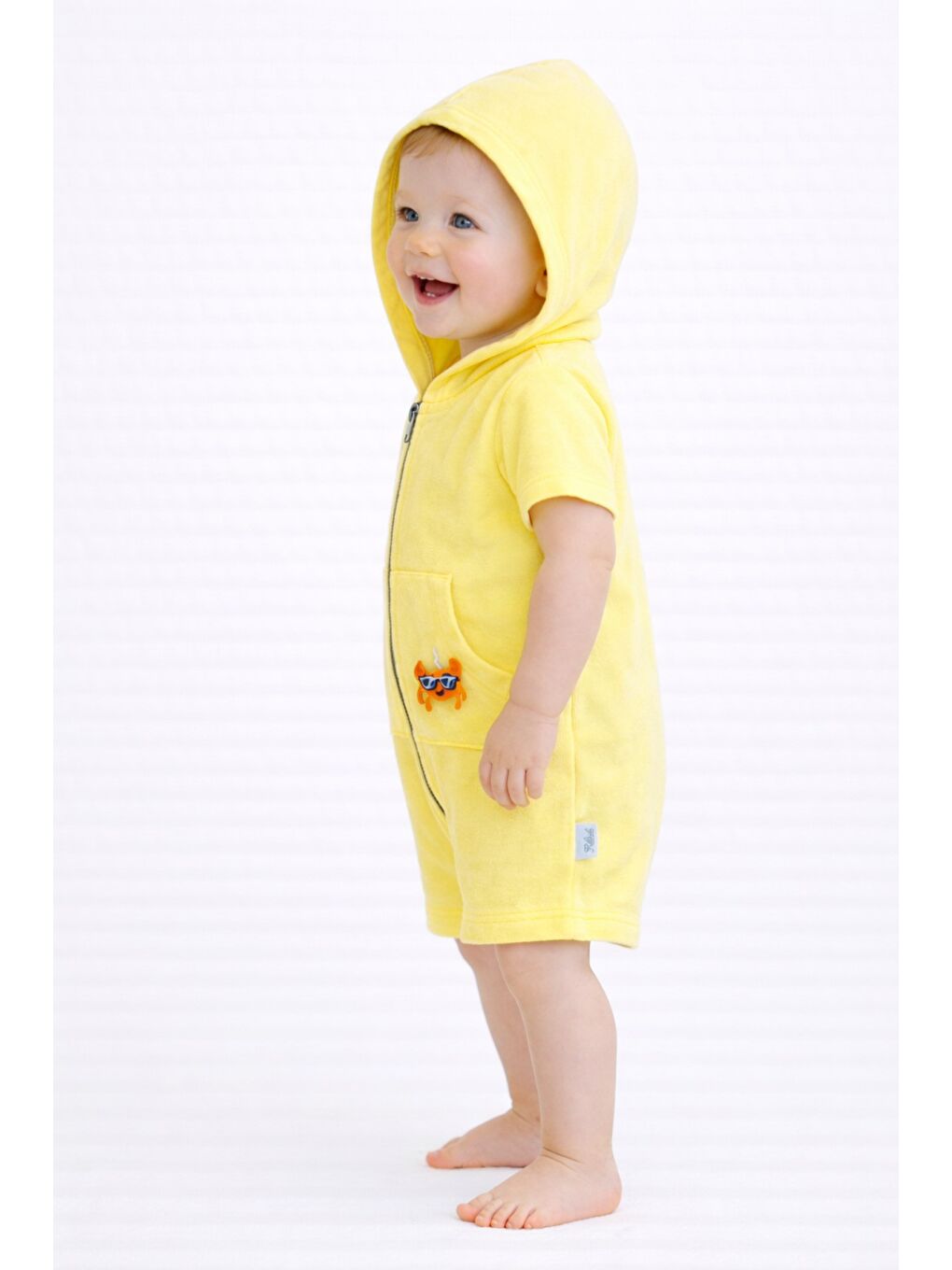 Sarı Unisex Bebek Yazlık Kapüşonlu Tulum Pamuklu Fermuarlı Tulum-6