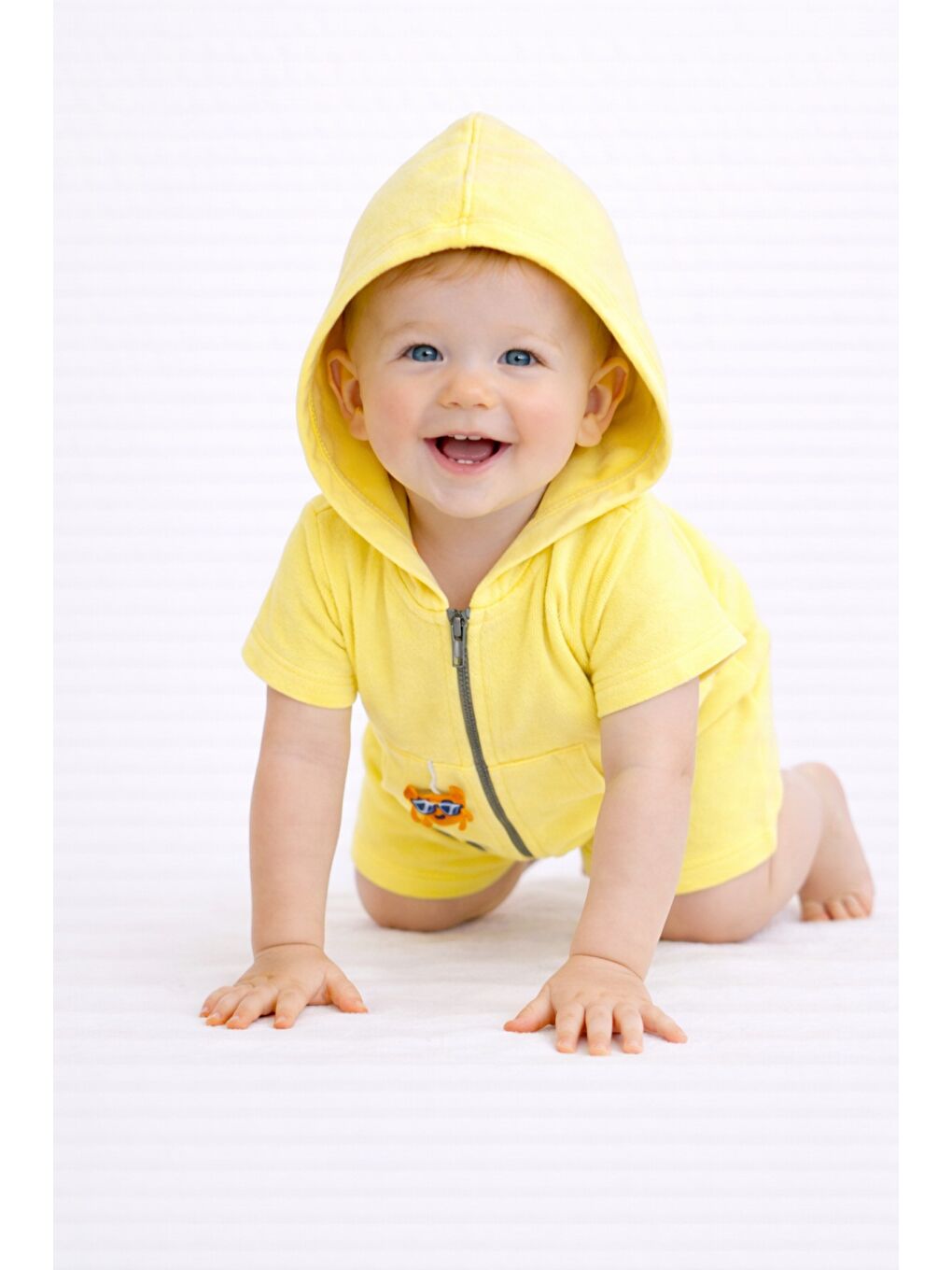 Sarı Unisex Bebek Yazlık Kapüşonlu Tulum Pamuklu Fermuarlı Tulum-7