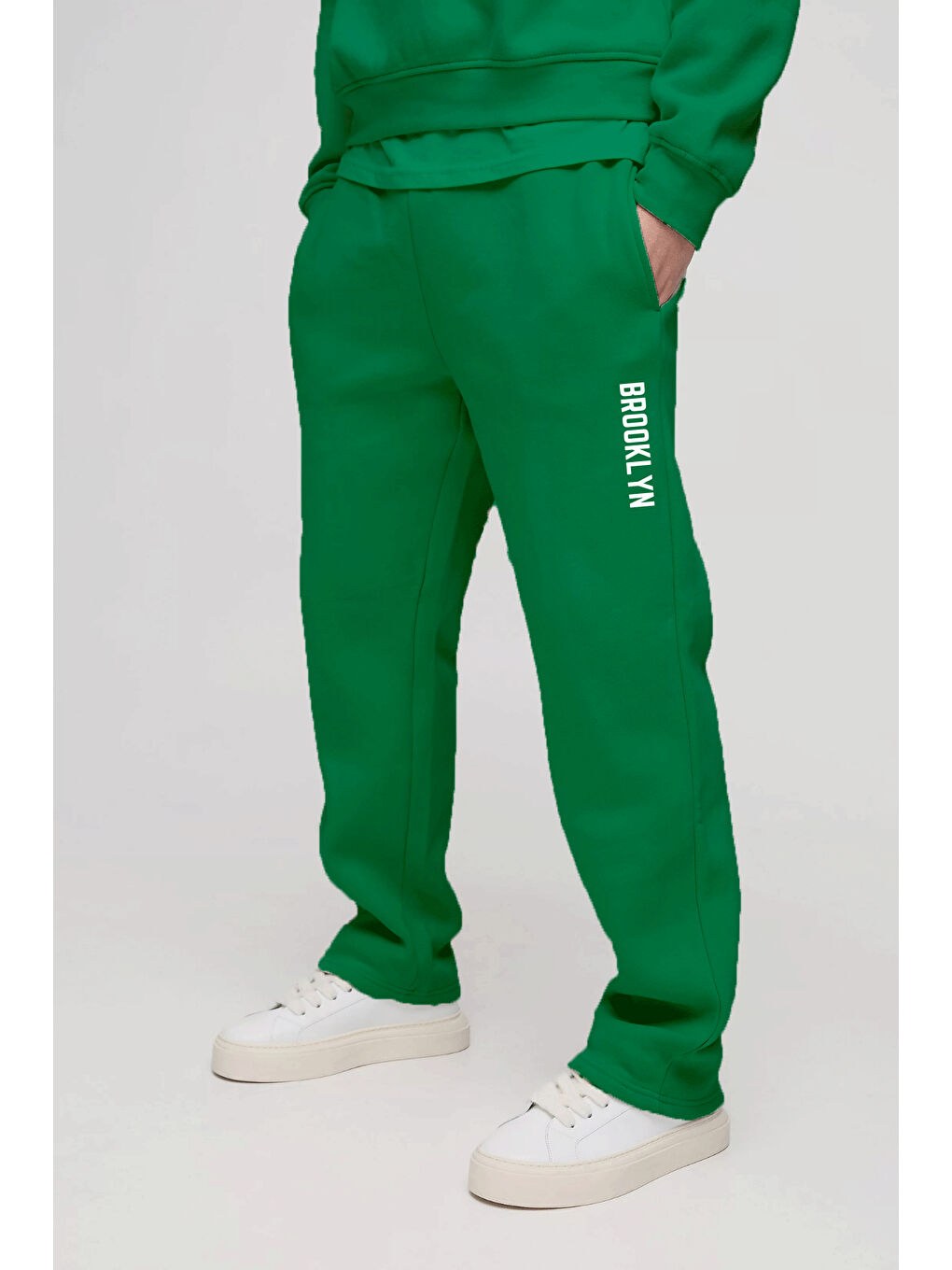 Yeşil İçi Polarlı 3 İplik Kalın Brooklyn Baskılı Erkek Eşofman Altı SPR25EA70