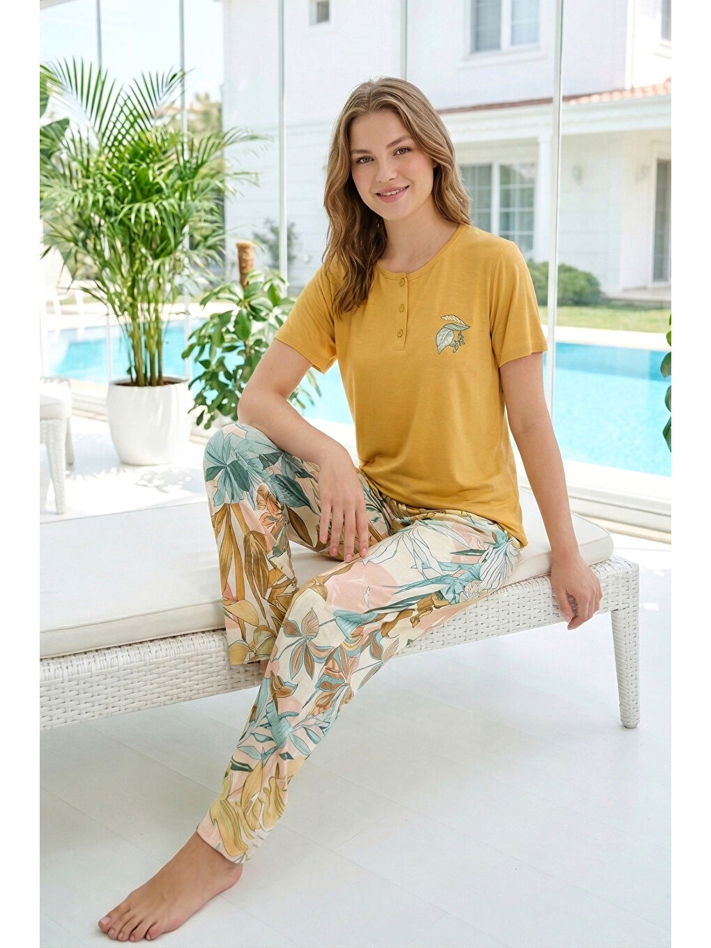 Kadın Viskon Kumaş Kısa Kol Pijama Takımı 3354 Sarı-2