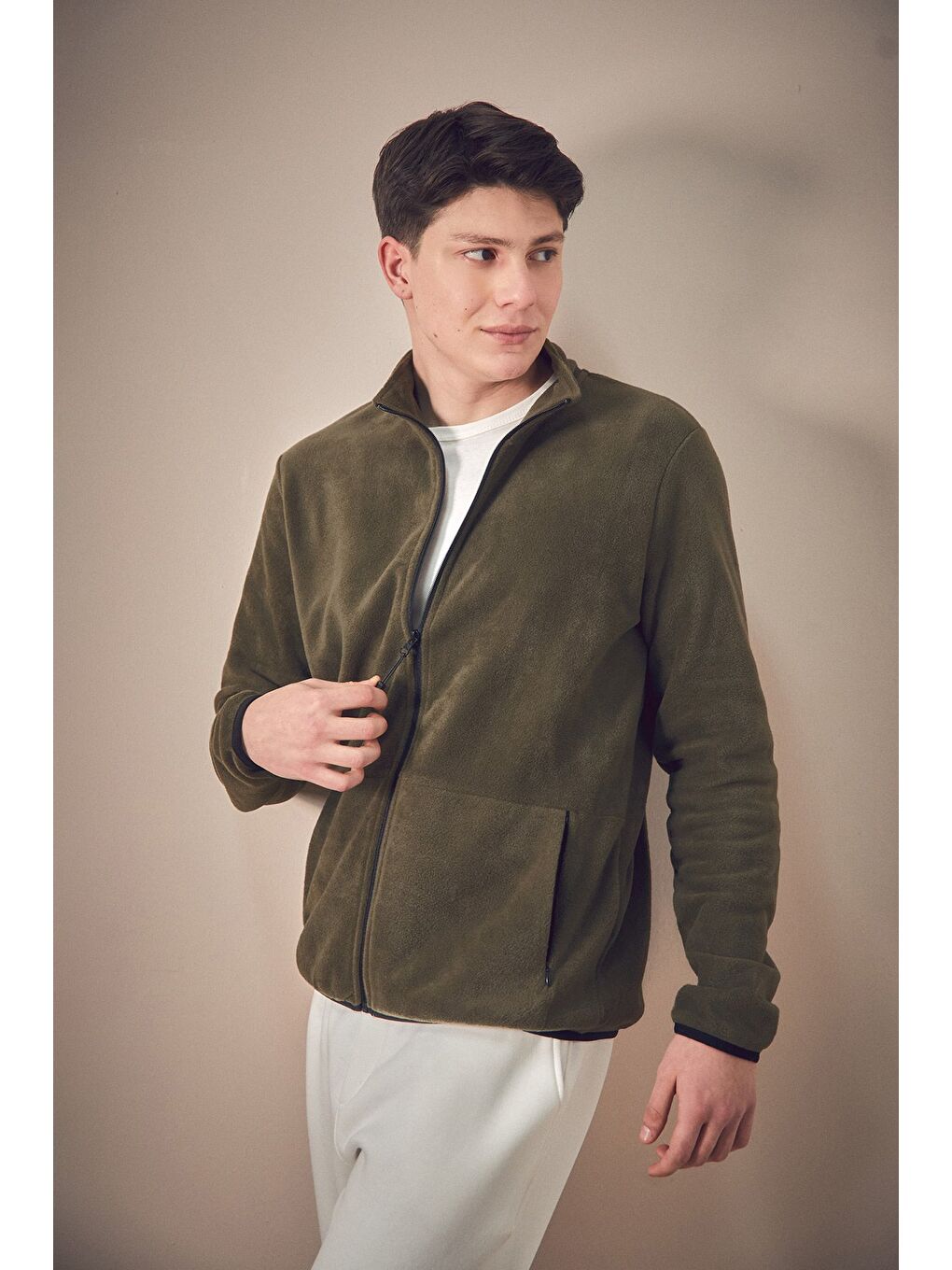 Haki Dik Yaka Polar Erkek Fermuarlı Sweatshirt Hırka