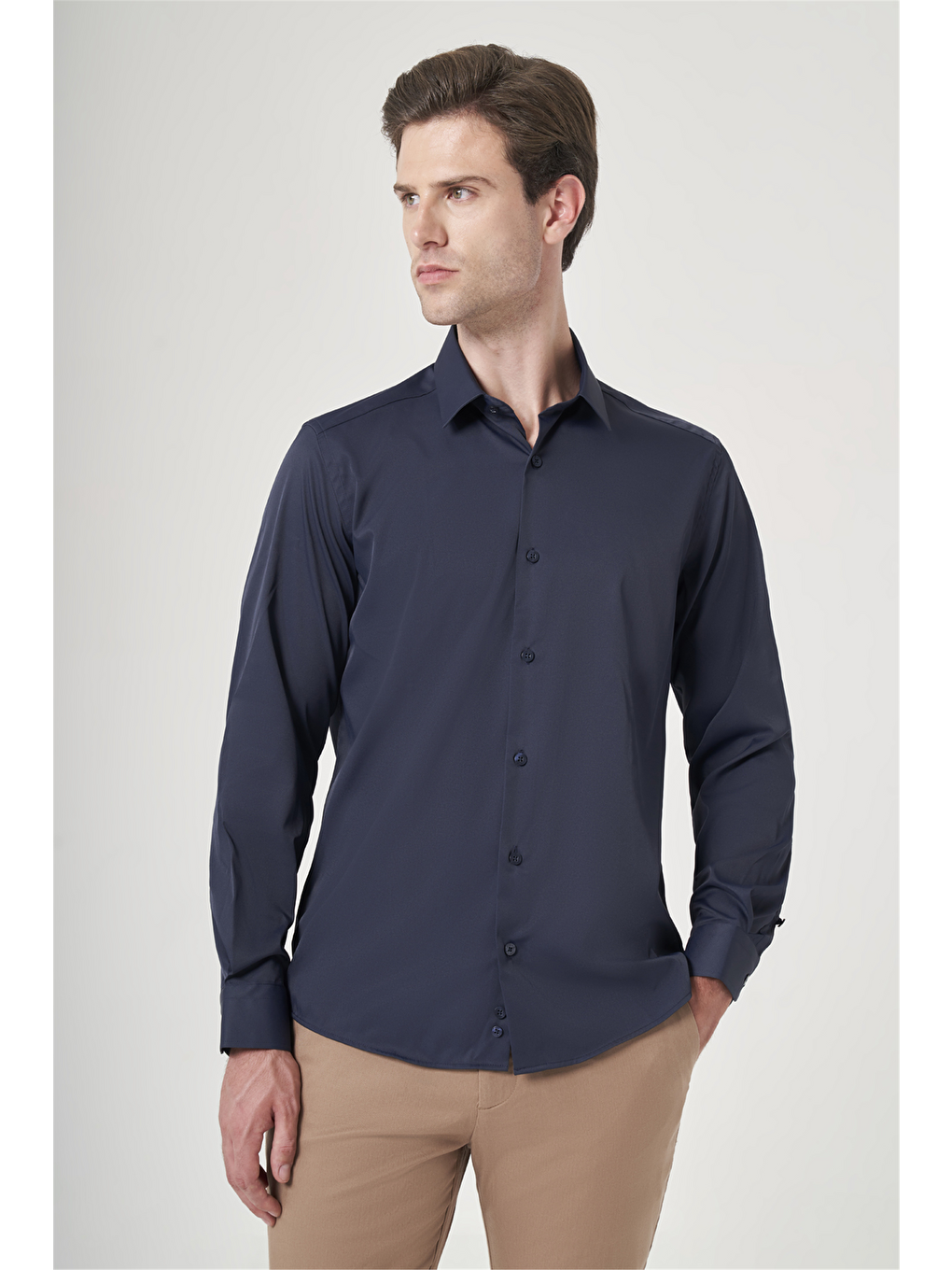 Lacivert Sert Yaka Uzun Kol Cepsiz Slim Fit Esnek Su İtici Gömlek 1004260234