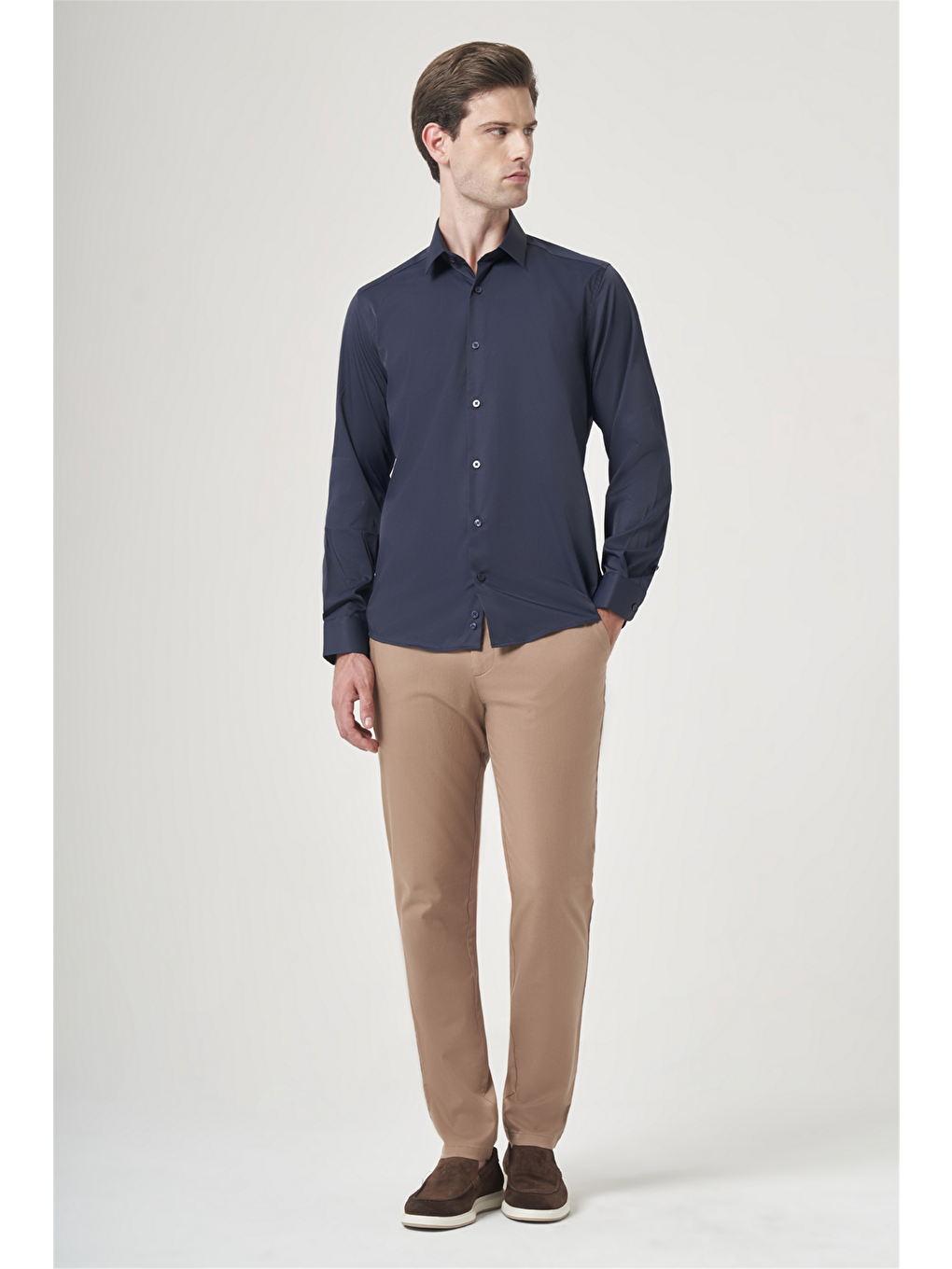 Lacivert Sert Yaka Uzun Kol Cepsiz Slim Fit Esnek Su İtici Gömlek 1004260234-1