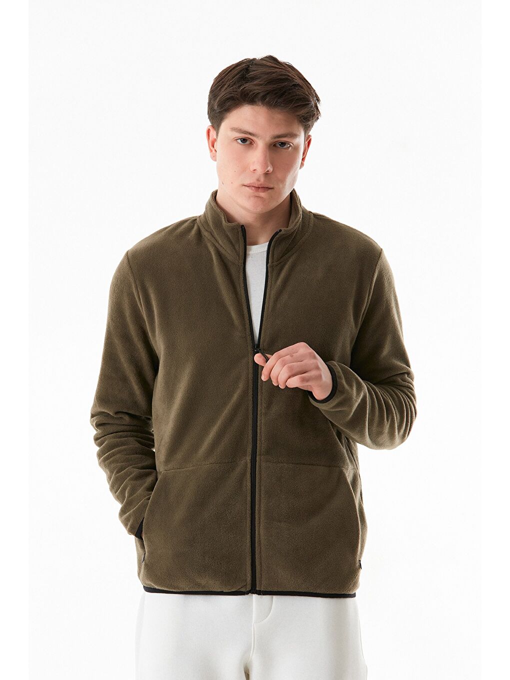 Haki Dik Yaka Polar Erkek Fermuarlı Sweatshirt Hırka-2