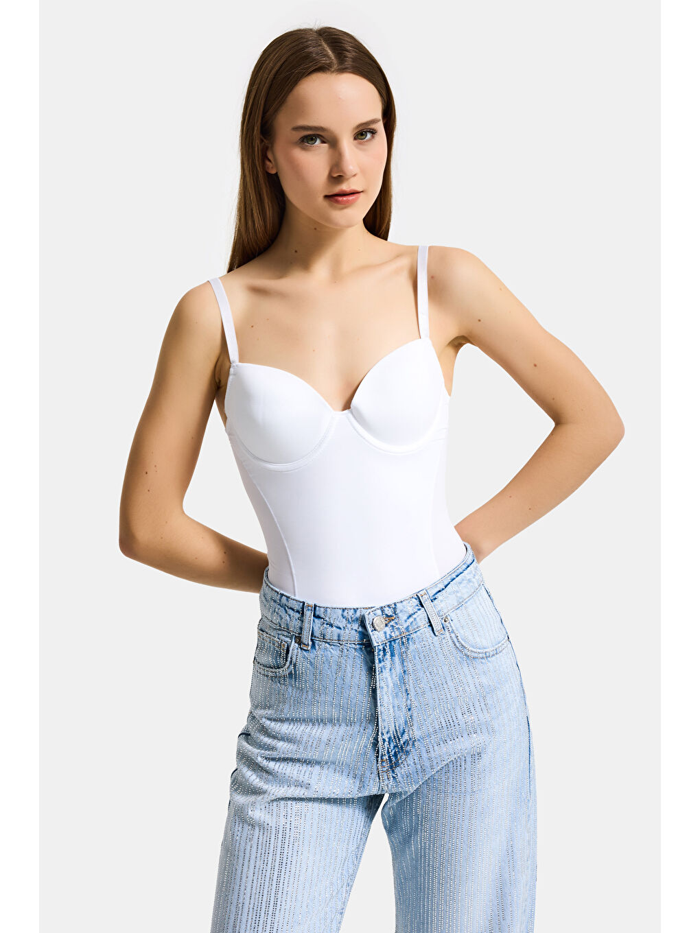 Kadın Beyaz w5 Çıtçıtlı Toparlayıcı Dantel Detaylı Destekli Cup Tasarım Askılı Body-5