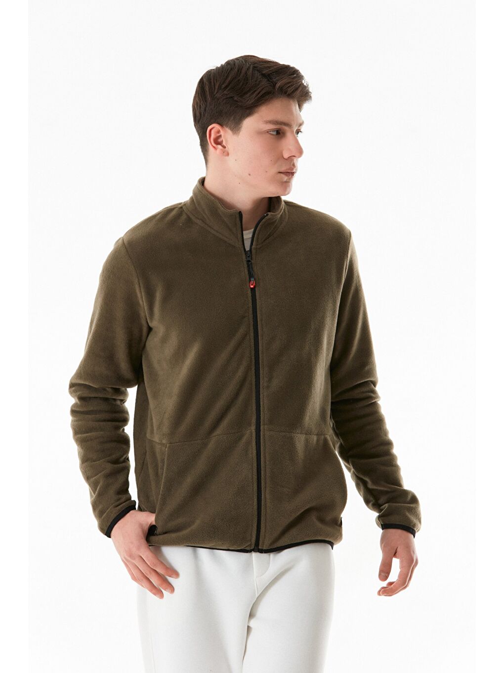 Haki Dik Yaka Polar Erkek Fermuarlı Sweatshirt Hırka-3