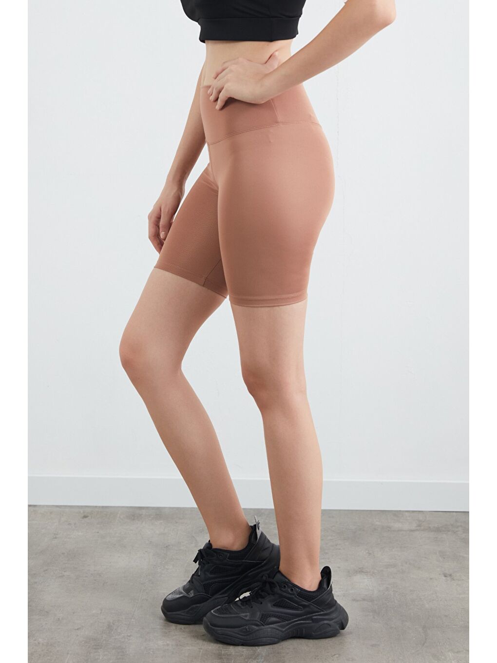 Bej Basic Yüksek Bel Biker Tayt-1