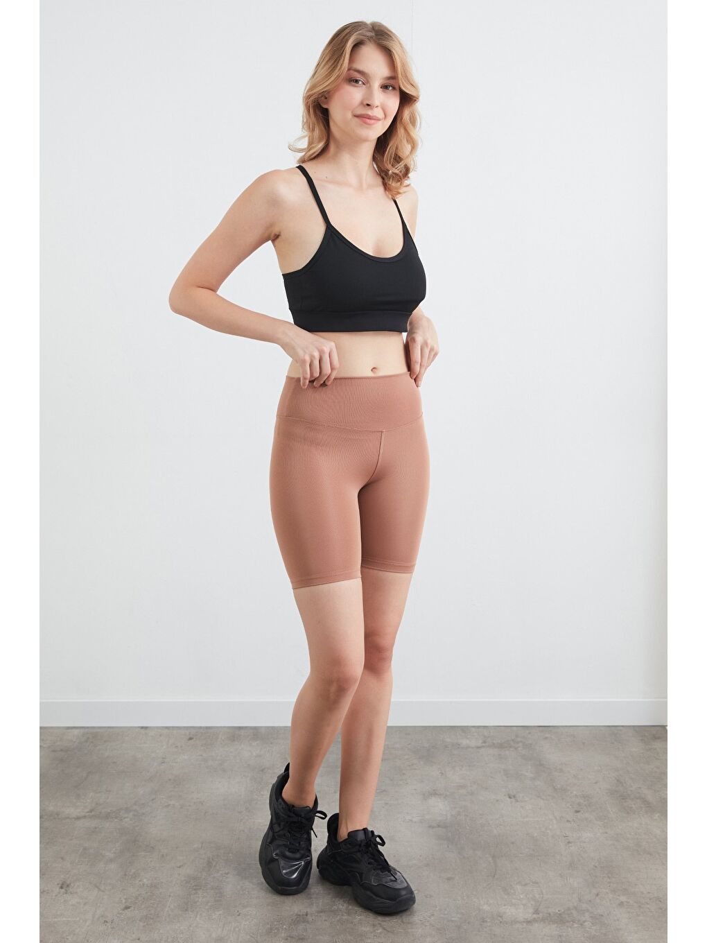 Bej Basic Yüksek Bel Biker Tayt-3