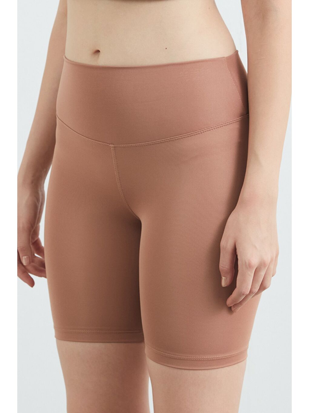 Bej Basic Yüksek Bel Biker Tayt-4