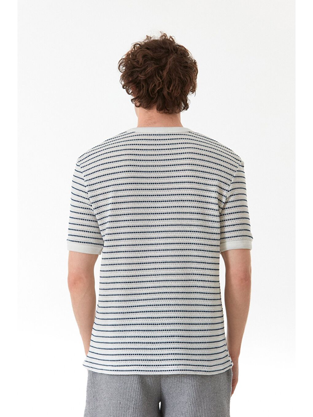 Lacivert Çizgili Bisiklet Yaka Triko Örme Tişört-3