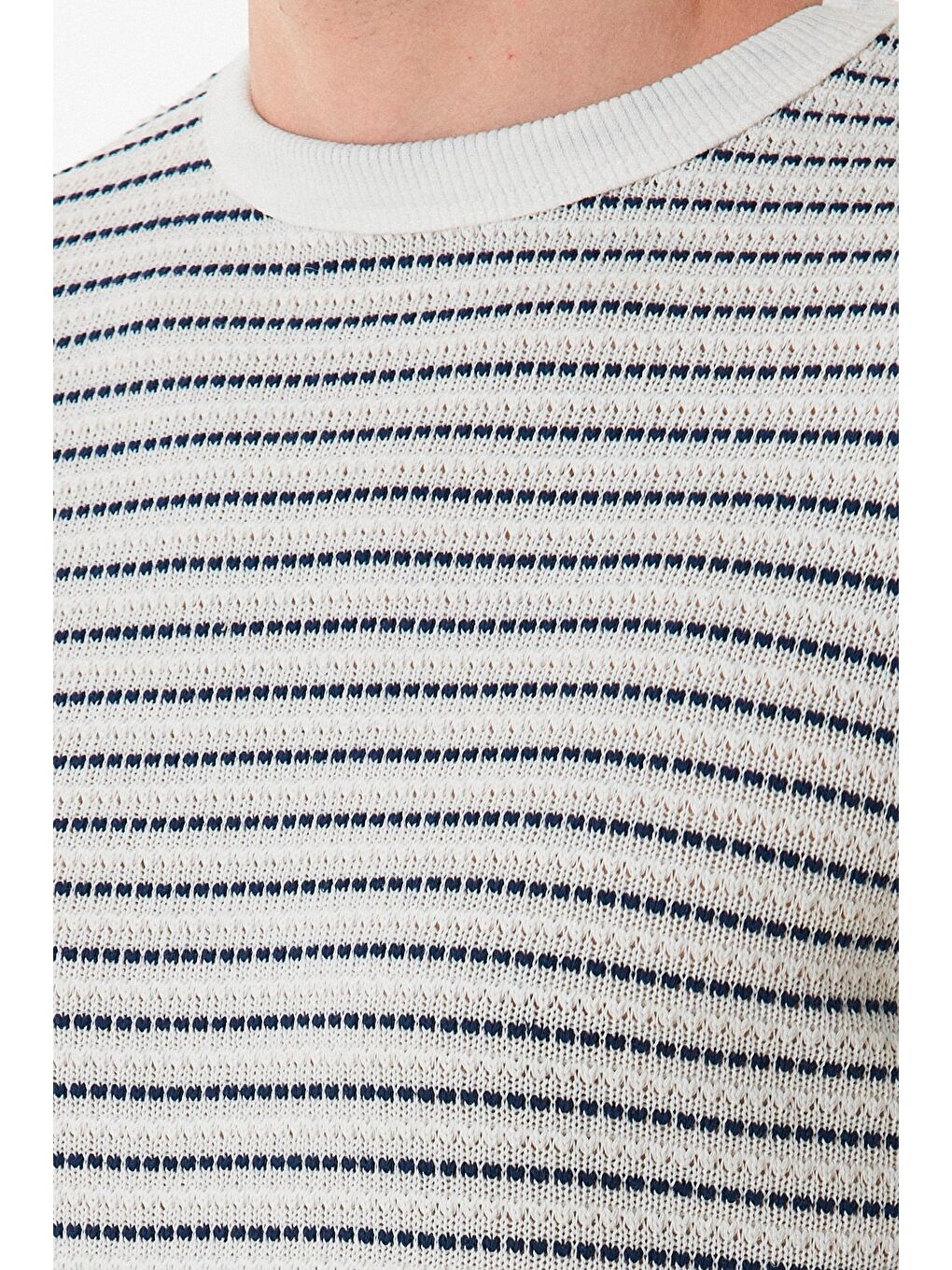 Lacivert Çizgili Bisiklet Yaka Triko Örme Tişört-4