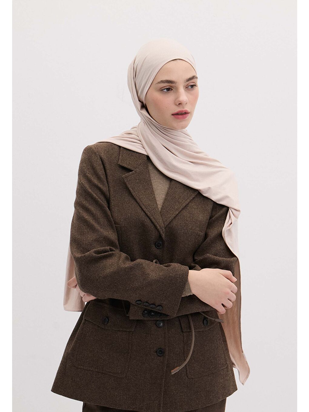 Pembe Bambu Penye Şal Pudra