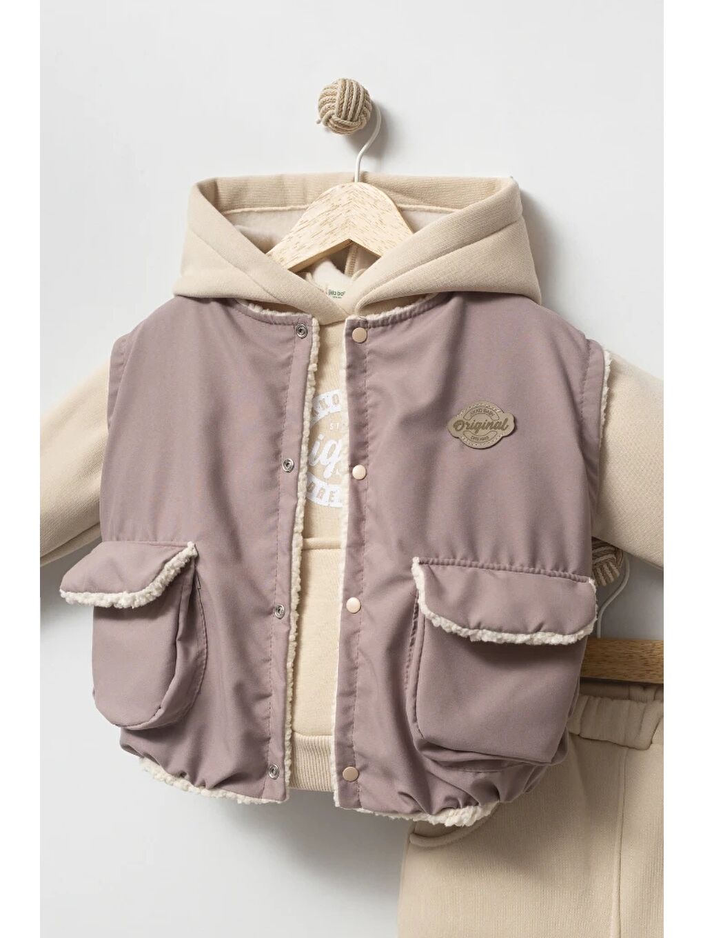Pembe Kapüşonlu Yelekli 3’lü Unisex Bebek Takım 8173-1