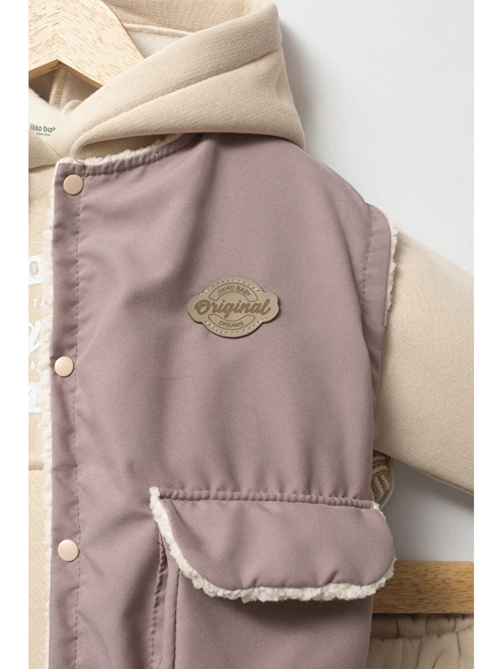 Pembe Kapüşonlu Yelekli 3’lü Unisex Bebek Takım 8173-3