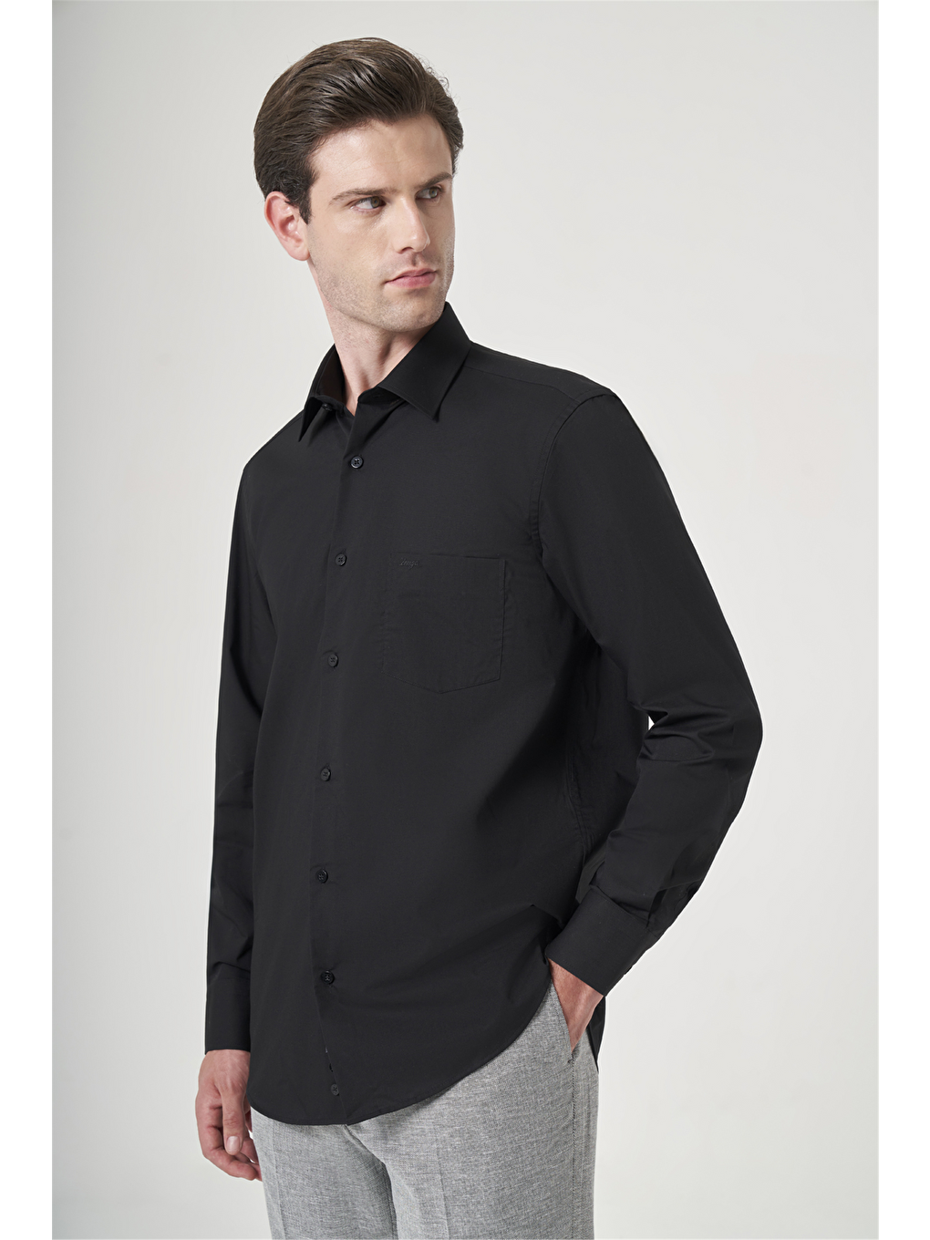 Siyah Sert Yaka Uzun Kol Cepli Comfort Fit Pamuklu Gömlek 1004260179-2