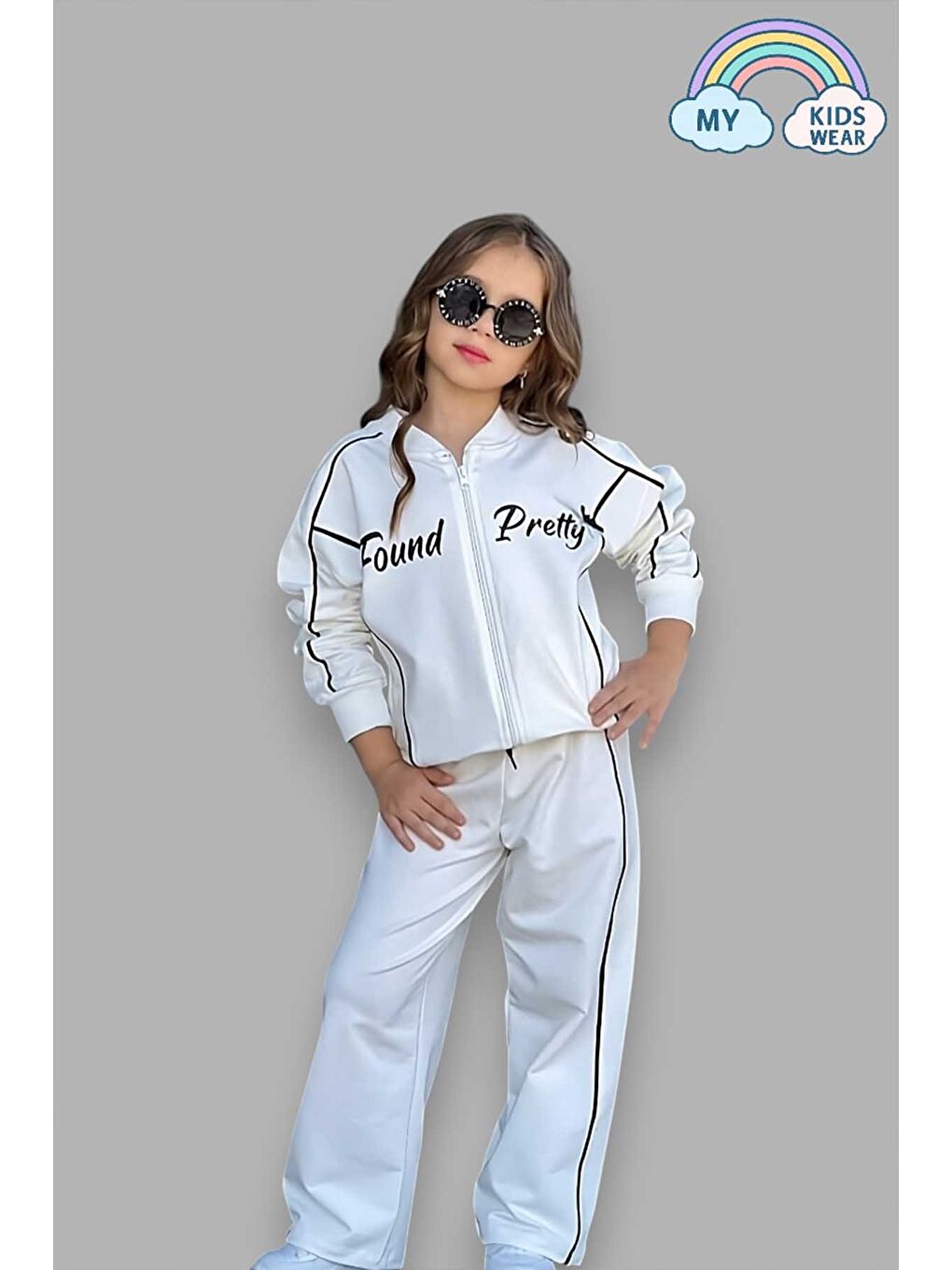 Kız Çocuk Yazılı Beyaz Okul Eşofman Takımı Fermuarlı Spor Takım 5-14 Yaş 12032