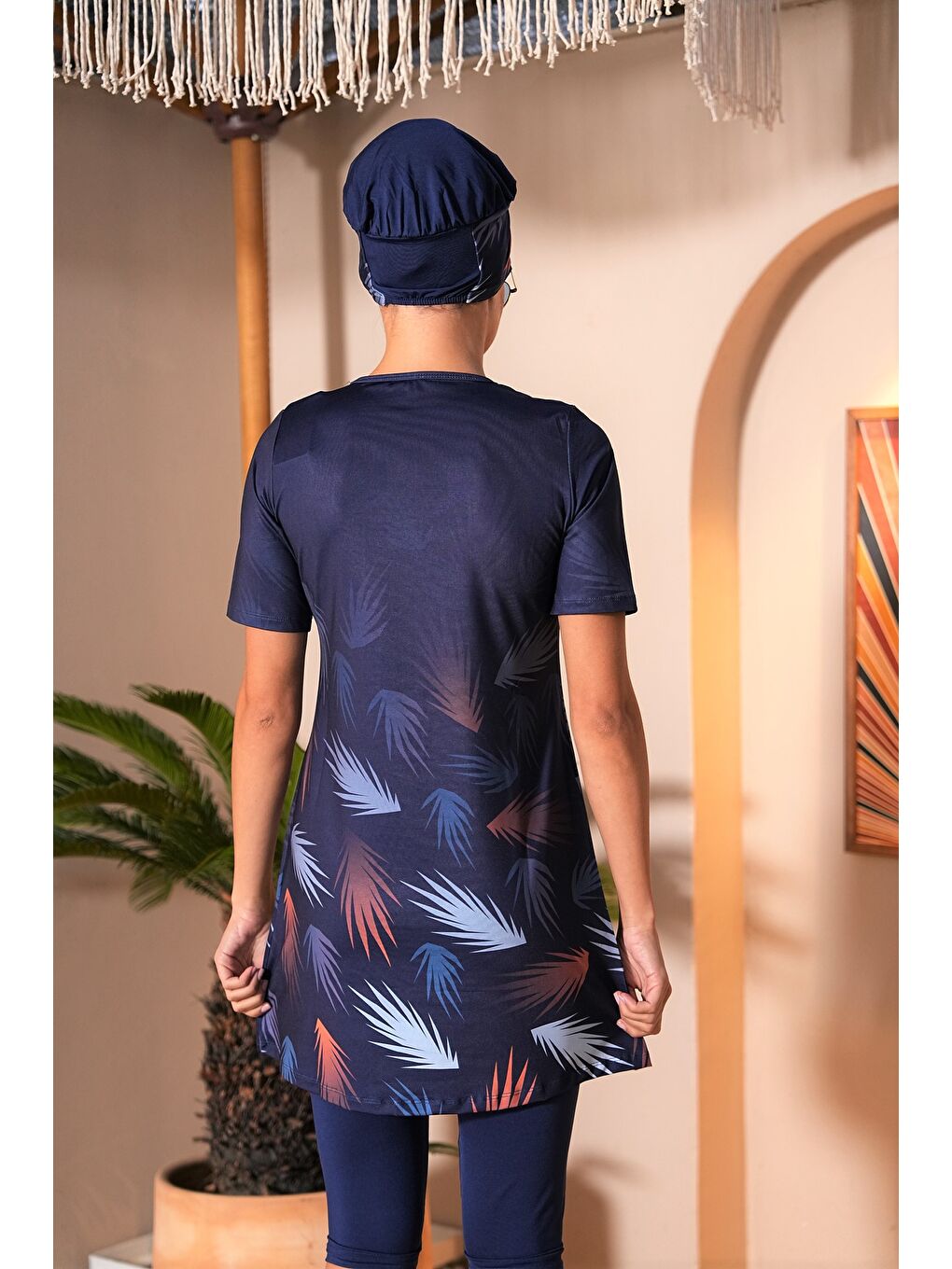 Lacivert Pano Desenli Kısa Kol Yarı Kapalı Tesettür Mayo 3191-4