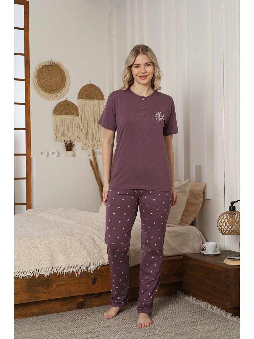 Mor Kadın Modal Kumaş Yıldızlı Düğmeli Kaliteli Esnek Rahat Kısa Kollu Pijama Takımı