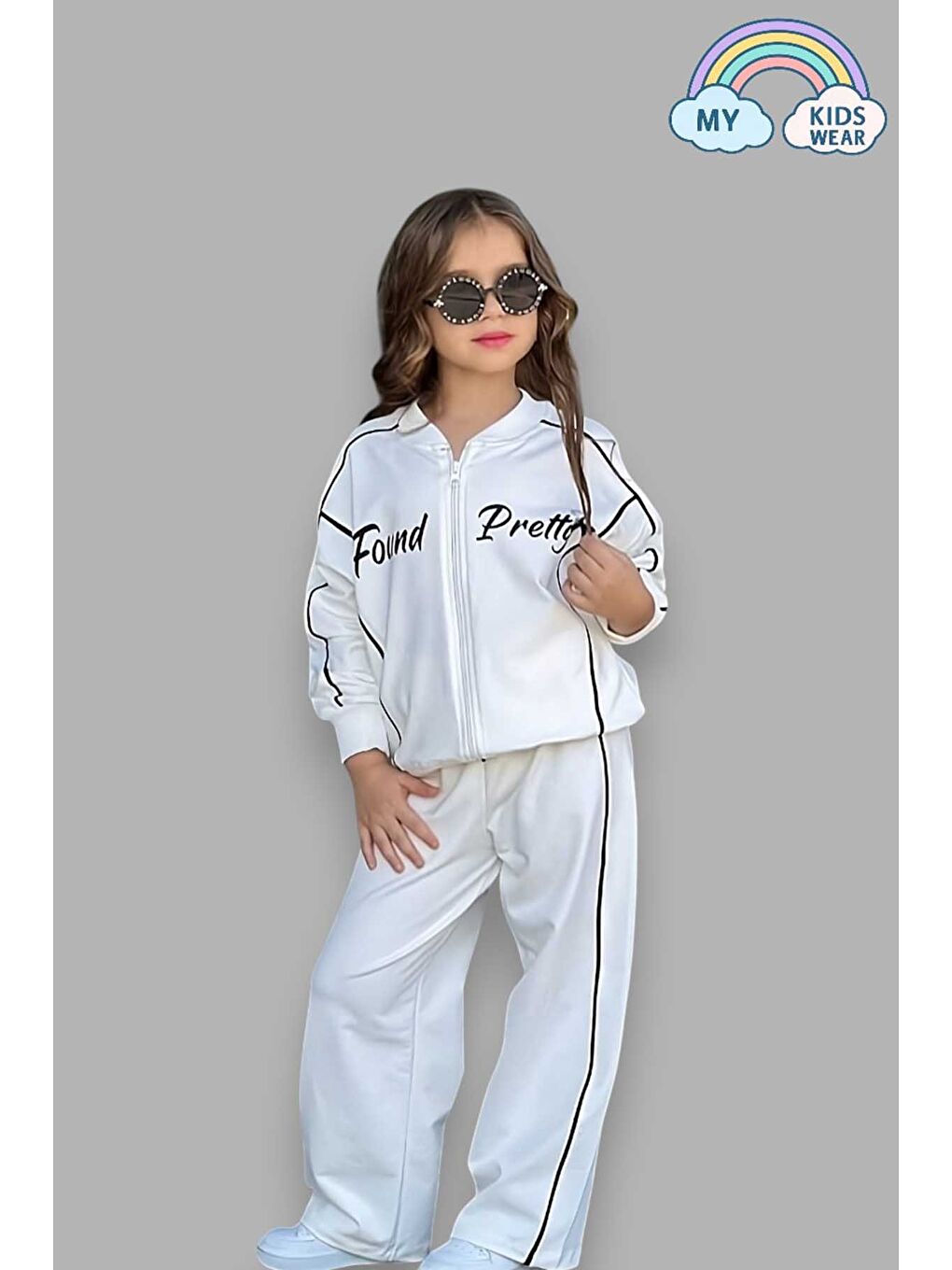 Kız Çocuk Yazılı Beyaz Okul Eşofman Takımı Fermuarlı Spor Takım 5-14 Yaş 12032-1