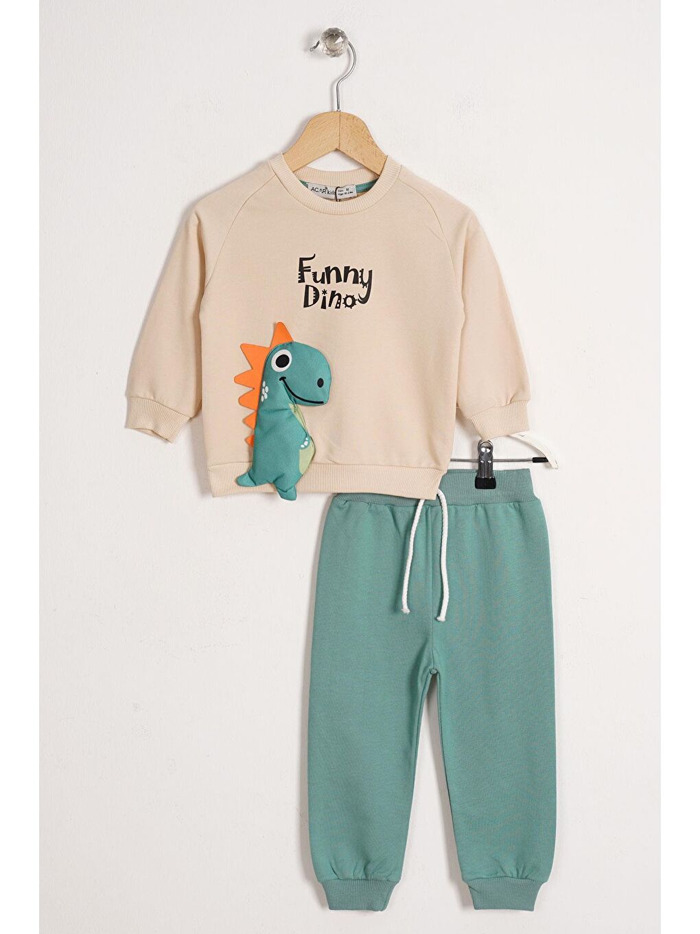 Dinozor Figürlü Yazı Baskılı Çağla Yeşili Renk Erkek Çocuk İkili Takım