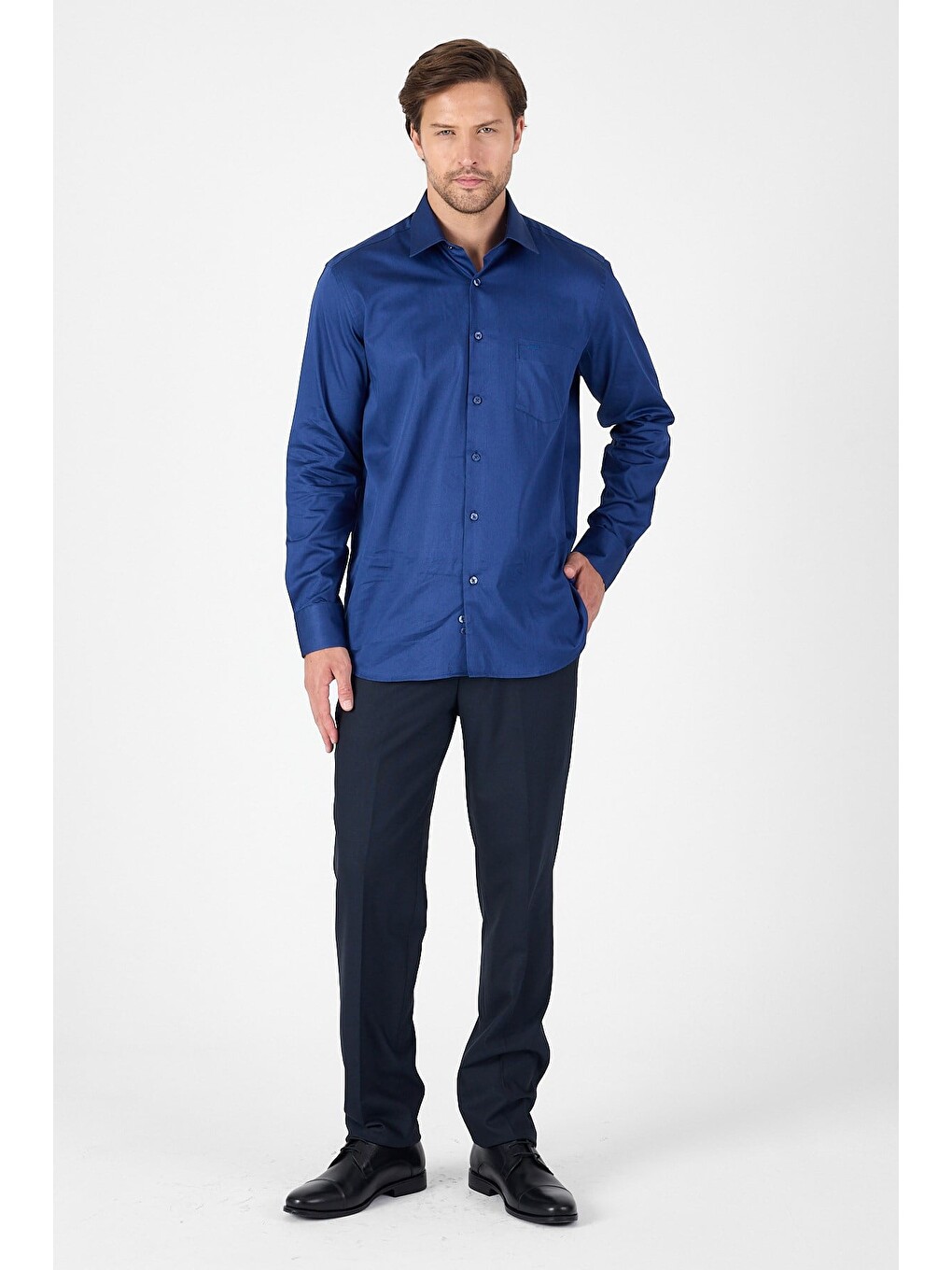 Lacivert Sert Yaka Uzun Kol Cepli Comfort Fit %100 Pamuk Gömlek 1004260323-1